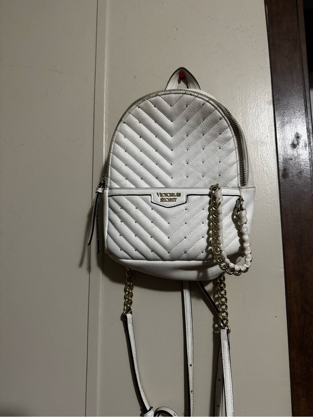 Victoria's Secret White Quilted Mini Backpack with Gold Chain Strap